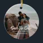 Ornamento De Cerâmica Fotografia de Mão Salvar a Data<br><div class="desc">Cheio fotográfico com letra de design,  sinta que Salve o cartão Data perfeito para enviar seus amigos e família.</div>
