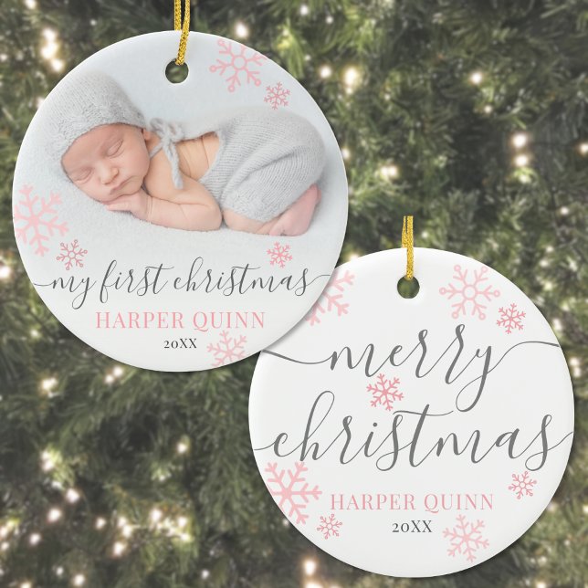 Ornamento De Cerâmica Fotografia Floco de Neve Bebê Primeiro Natal (Snowflake Photo Girl Baby First Christmas Ceramic Ornament )