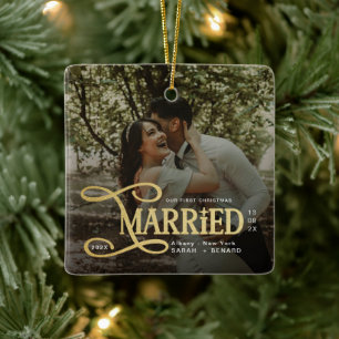 Ornamento De Cerâmica Fotomínima do Primeiro Natal de Casais Casados