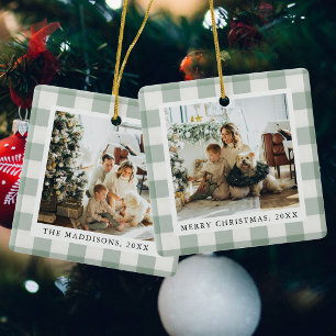 Ornamento De Cerâmica Fotos de Natal da Família com Padrão Xadrez Verde