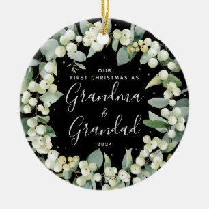 Ornamento De Cerâmica Fotos do Primeiro Natal dos Avós com Snowberries