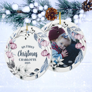 Ornamento De Cerâmica Fotos Personalizadas de Bebê Natal Floral Elegante