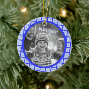 Ornamento De Cerâmica Fotos Personalizadas de Natal Xadrez Escocês Aconc