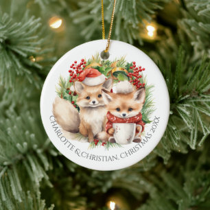 Ornamento De Cerâmica Fox Casal Winter Wreath Christmas Personalizado