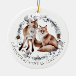 Ornamento De Cerâmica Fox Casal Winter Wreath Christmas Personalizado