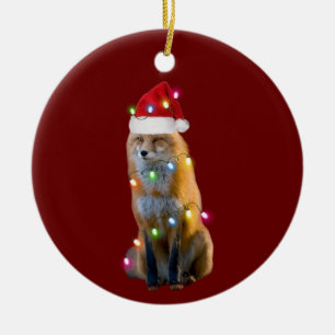 Ornamento De Cerâmica Fox com Luz de Chapéu Natal