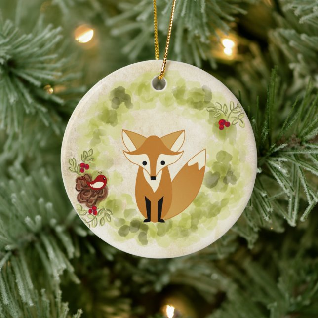 Ornamento De Cerâmica Fox e Feriados em Floresta Fresada Personalizada (Árvore)