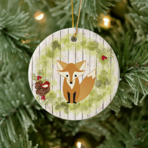Ornamento De Cerâmica Fox e Wreath da Floresta Personalizada