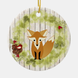 Ornamento De Cerâmica Fox e Wreath da Floresta Personalizada