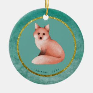Ornamento De Cerâmica Fox Personalizada de Natal Dourada Verde Data