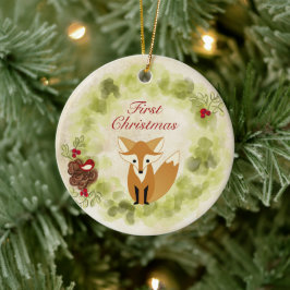 Ornamento De Cerâmica Fox Personalizada e Wreath Baby Primeiro Natal