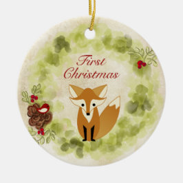 Ornamento De Cerâmica Fox Personalizada e Wreath Baby Primeiro Natal