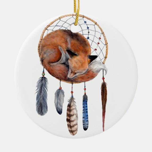 Ornamento De Cerâmica Fox vermelho que dorme em Dreamcatcher (Frente)