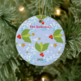 Ornamento De Cerâmica Framboesas, framboesas, estrelas de neve, nome do 