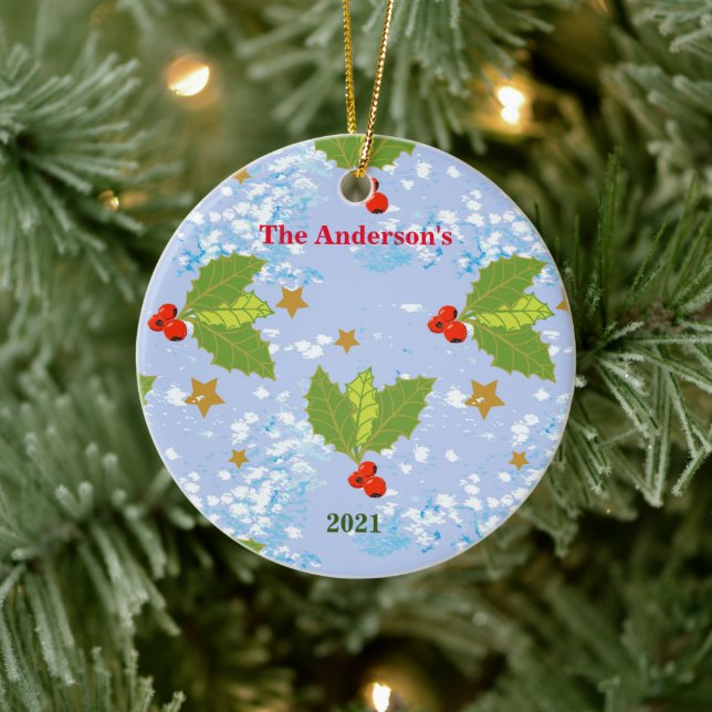 Ornamento De Cerâmica Framboesas, framboesas, estrelas de neve, nome do  (Árvore)
