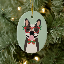 Ornamento De Cerâmica Francês Buldogue Reindeer Luzes de Natal