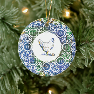 Ornamento De Cerâmica Frango Frilly em Azul e Verde