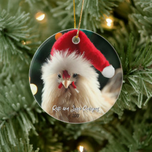 Ornamento De Cerâmica Frango Silkie Branco Fofo com Chapéu de Natal Nata
