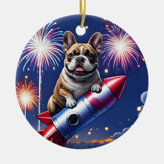 Ornamento De Cerâmica Französische Bulldogge Neujahr lustig Rakete (Frente)