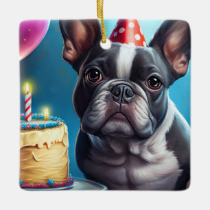 Ornamento De Cerâmica Frenchie Birthday Bash: Um Cachorro Francês Bonito