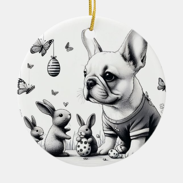 Ornamento De Cerâmica Frenchie e bunnies (Frente)