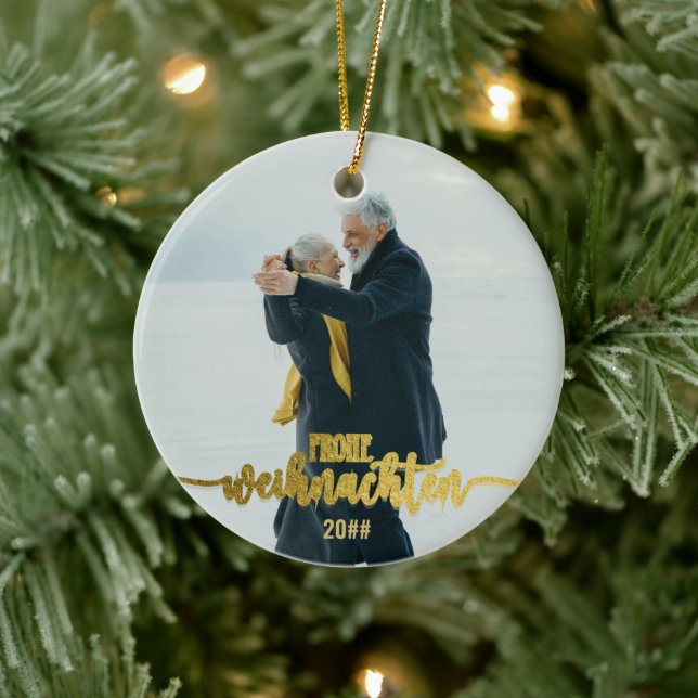 Ornamento De Cerâmica Frohe Weihnachten German Christmas 2 Photo Collage (Árvore)