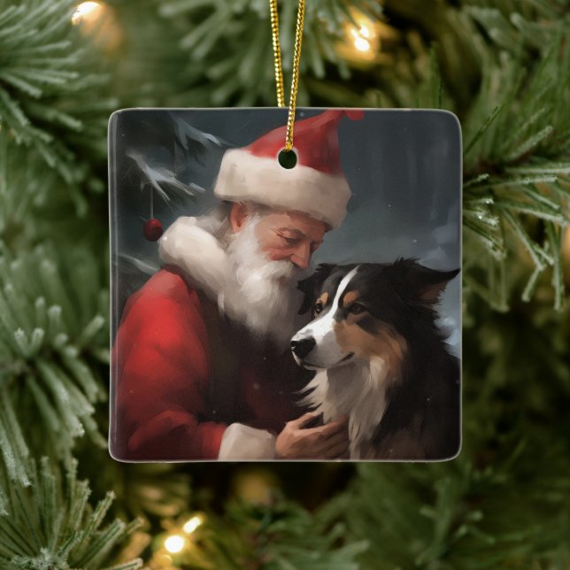 Ornamento De Cerâmica Fronteira Collie com Papai Noel Natal Festivo (Árvore)