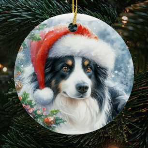 Ornamento De Cerâmica Fronteira Tricolor Collie Santa Hat Natal