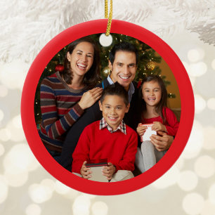 Ornamento De Cerâmica Fronteira Vermelha Brilhante de Foto de Natal Fami