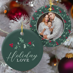 Ornamento De Cerâmica Frutas vermelhas folhas de azevinho verde foto de 