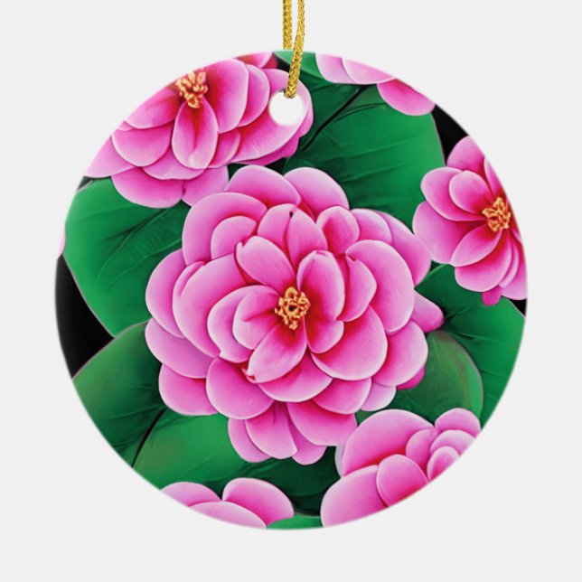 Ornamento De Cerâmica Fuchsia Pink Camellias e Jade Green Folhas (Frente)