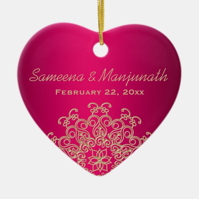 Ornamento De Cerâmica Fúcsia e Dourado Favor da Festa de casamento do Es (Frente)