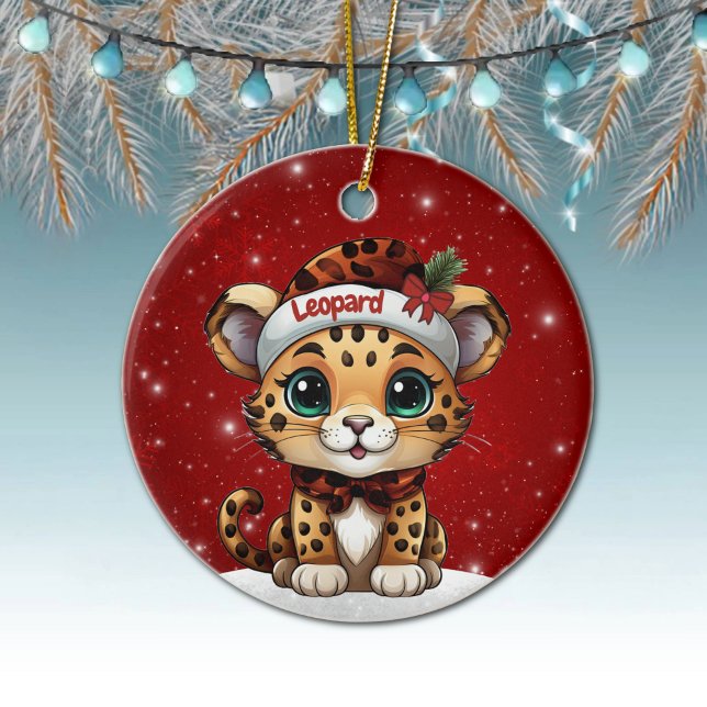 Ornamento De Cerâmica Fun Leopard Red Sparkle Animal Print Lover 🐆🐈🐾 (Personalizable Kitten Xmas Decoration Customizable Name Leopard Decor Cat Berry Red Ornament  🐆🎄)