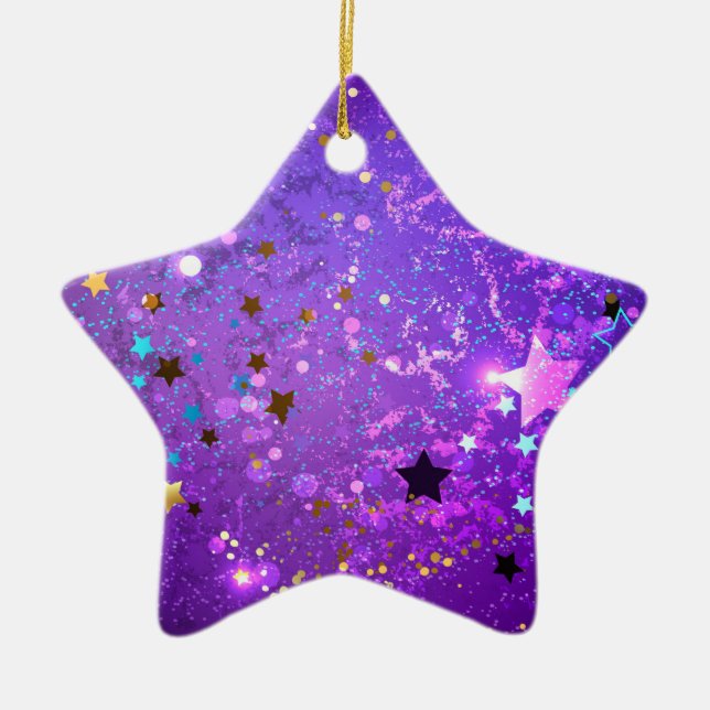 Ornamento De Cerâmica Fundo de folhas roxas com estrelas (Frente)