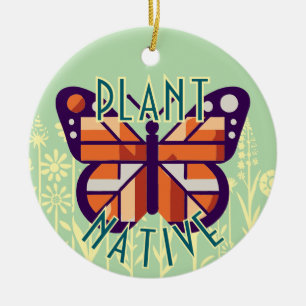 Ornamento De Cerâmica Fundo Verde Nativo da Planta de Borboleta Monarca