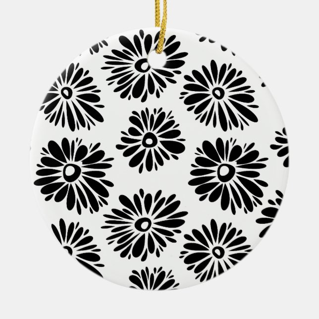 Ornamento De Cerâmica Funky Black e white floral (Frente)