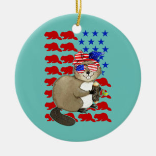 Ornamento De Cerâmica Funny Beaver American Flag Beaver Por 4° De