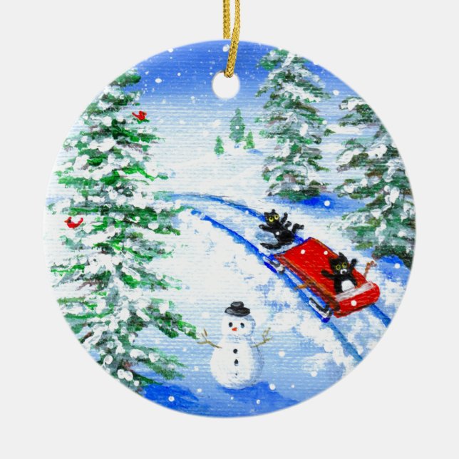 Ornamento De Cerâmica Funny Christmas Black Cat Art Creationarts (Frente)