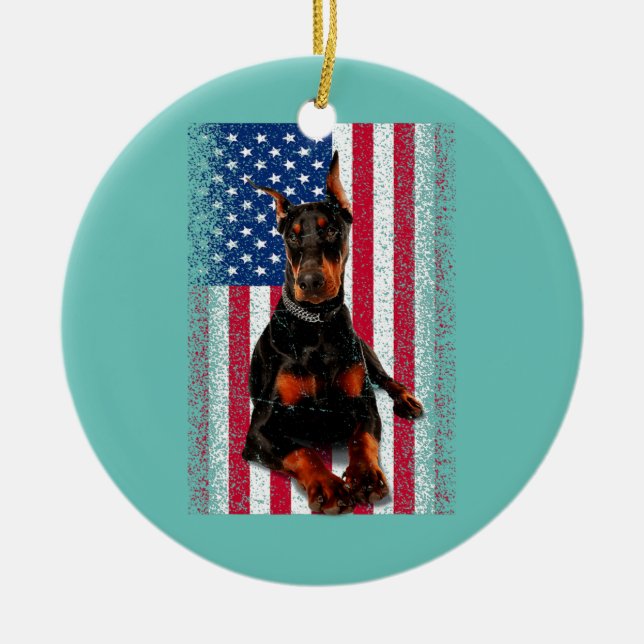 Ornamento De Cerâmica Funny Doberman Dog American Flag Patriótico Happy (Frente)