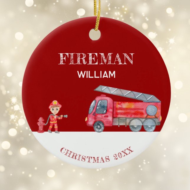 Ornamento De Cerâmica Furtador de Natal do Fireman do Fotão Personalizad (Custom Photo Keepsake Fireman Christmas Firetruck Ceramic Tree Decoration)