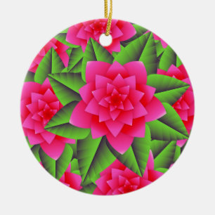 Ornamento De Cerâmica Fuschia Pink Camellias e Folhas Verde