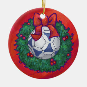 Ornamento De Cerâmica Futbal Festivo em Wreath em Vermelho