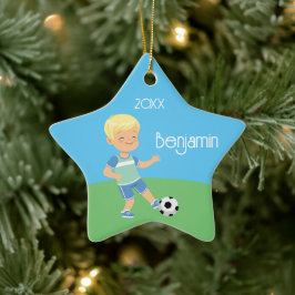 Ornamento De Cerâmica Futebol Bloneiro e Bonito personalizado no Natal