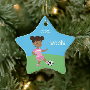 Ornamento De Cerâmica Futebol de Garota Negra Bonita Personalizado no Na