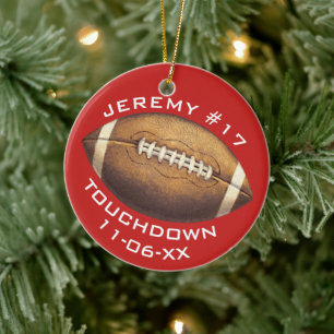 Ornamento De Cerâmica Futebol de Natal Red Touchdown Adicione Nome