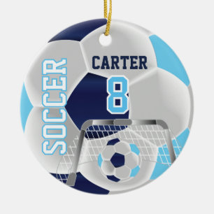 Ornamento De Cerâmica Futebol personalizado azul, branco e escuro ⚽