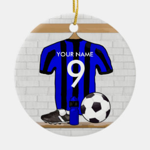 Ornamento De Cerâmica Futebol preto personalizado e futebol azul Jersey