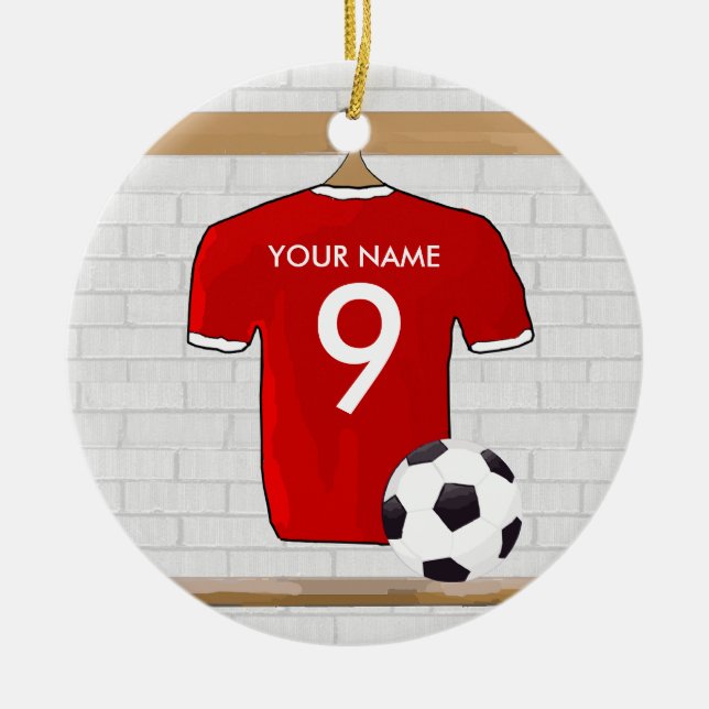 Ornamento De Cerâmica Futebol Red e White Personalizado Jersey (Frente)
