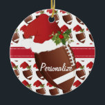 Ornamento De Cerâmica Futebol Santa Hat do Natal<br><div class="desc">O Ornamento de Futebol de Natal pronto para você personalizar. Um presente de excelente feriado para um jogador de futebol, fã de futebol, treinador de futebol ou entusiasta do futebol. ⭐ Este produto é 100% personalizável. Gráficos e/ou texto podem ser adicionados, excluídos, movidos, redimensionados, alterados, girados etc... 99% dos meus...</div>