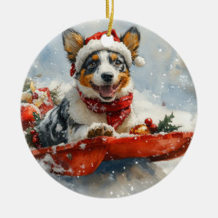 Ornamento De Cerâmica Gado Australiano em Trenó Deixe Nevar Natal